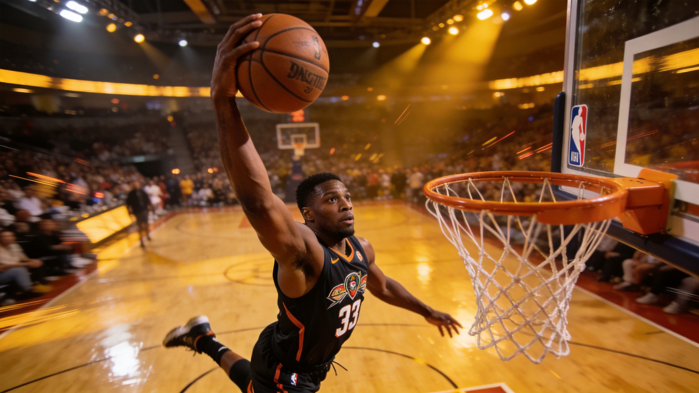 NBA职业篮球比赛精彩瞬间，球员扣篮或投篮的竞技画面